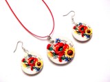 Set Bijuterii Lemn Handmade: Floarea Soarelui, Maci &amp; Albastrele - Colier și Cercei Decoupage, Diametru 40/30mm