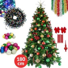 Brad de Craciun artificial, cu suport metalic, 180 cm inaltime, cu 43 de decoratiuni, globuri. beteala, lumini, din PVC, verde