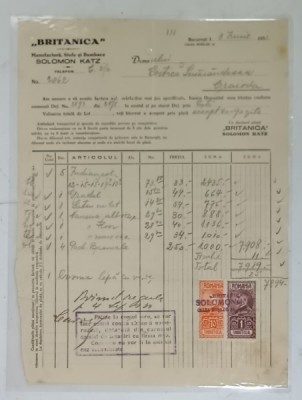 FACTURA EMISA DE FIRMA &amp;#039; BRITANICA &amp;#039; , MANUFACTURA , STOFE SI BUMBACE SOLOMON KATZ , BUCURESTI , 1931 foto