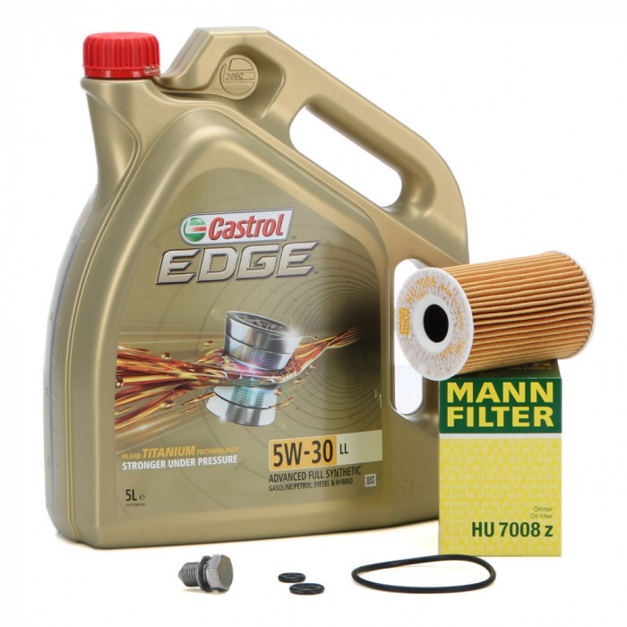 Set Ulei Motor Castrol Edge LL 5W-30 5L + Filtru Ulei Mann Filter HU7008Z + Buson Golire Baie Ulei Oe Audi Q3 8U 2011-2018 N90813202