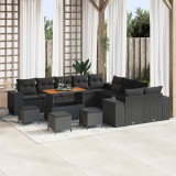 Set de canapele pentru gradina Gossi cu 14 piese si perne din ratan polirat negru acacia, set de dining pentru gradina Gossi cu 4 piese si perne din r