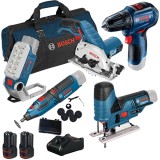 Bosch GRO 12V-35 + GLI 12V-330 + GST 12V-70 + GKS 12V-26 + GSR 12V-30 - Polizor drept 3.2 mm + Lampa/Lanterna + Fierastrau pendular + Fierastrau circu