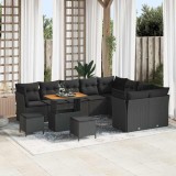 vidaXL Set de canapea de grădină , 12 piese, cu perne, din rattan negru și poli de rattan acacia.