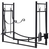 Suport lemne de Interior si Exterior din metal cu Paleta, Matura, Vatrai si Cleste, Negru, 84x33x76cm Outsunny | Aosom Romania