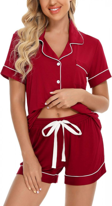 ng Femei Buton &icirc;n jos pijama set V-Neck m&acirc;necă scurtă Sleepwear Soft Pj Seturi S