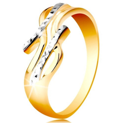 Inel din aur de 14K - bicolor, braţe separate şi ondulate, crestături - Marime inel: 49 foto