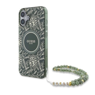 Husa pentru iPhone 16 Plus - Guess IML Flowers Allover Electro With Pearl Strap MagSafe (GUHMP16MHCPOFPA) - Green foto