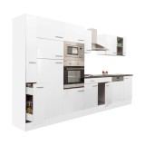Bucatarie Modulara Yorki 370 cm, Corp Alb, Fata Alb Satinat, Blat 38mm, Asamblare Flexibila