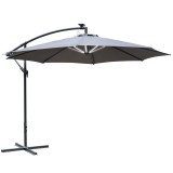 Umbrela gradina/terasa cu panou solar, iluminare LED, articulatie tip banana, manivela, gri, 295 cm, ART