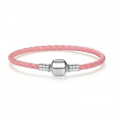 Bratara pentru talismane din argint 925 Braided Pink Leather foto