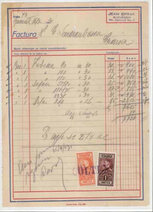 Romania, Jean Efraim, Factura, Bucuresti, 1931