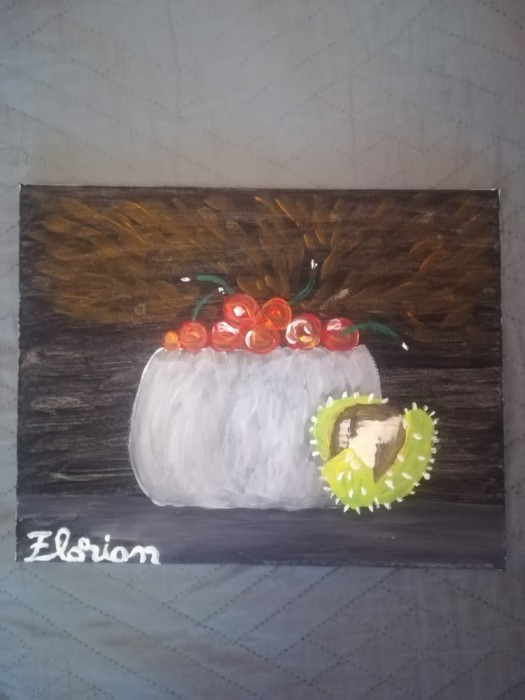 TABLOU PE PANZA CU SASIU NOU 24X30 CM CASTRON CU CIRESE SI O CASTANA PRET DOAR 20 LEI
