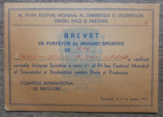 Brevet de purtator al insignei sportive de aur/ 1953 foto