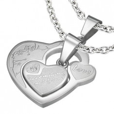 Pandantiv pentru cuplu, din oțel chirurgical, două inimi cu inscripții și zirconii
