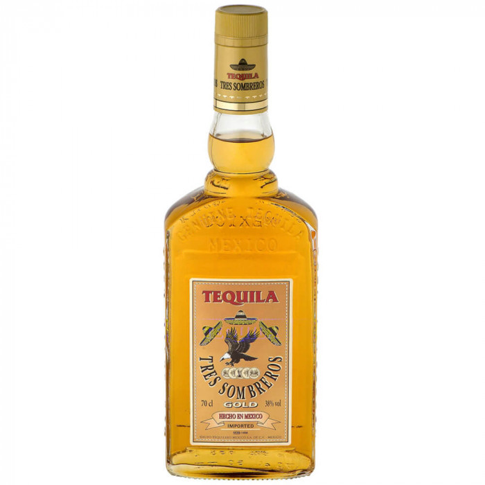 Tequila Tres Sombreros Gold 0.7L, Alcool 38%, Tequila Gold, Tres Sombreros Tequila, Bautura Spirtoasa Tequila, Tequila Alcool, Tequila Originala, Tequ