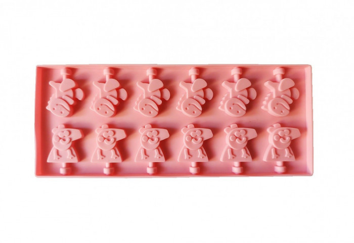 Forma silicon 12 cavitati, Peppa Pig si Dinosaur, Acadele din ciocolata sau Acadele din zahar, Roz, 26 cm, 246COF