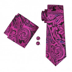 Set cravata + batista + butoni matase naturala model negru cu roz 1619 foto