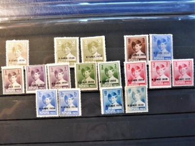 Romania 1930, LP 83 f, Regele Mihai I supratipar &amp;quot;8 IUNIE 1930&amp;quot; - DEPARAIATE - Lot 17 timbre cu variatii de culoare, MH, Gumate (T167) foto