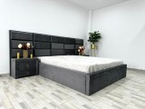 Pat matrimonial Roma 160 cm x 200 cm Gri tapitat stofa + Saltea + Noptiere tapitate stofa