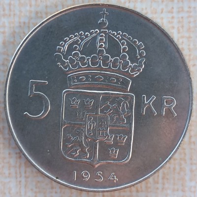 (A454) MONEDA DIN ARGINT SUEDIA - 5 KRONOR 1954, GUSTAF VI ADOLF, 18 GR, AG400 foto