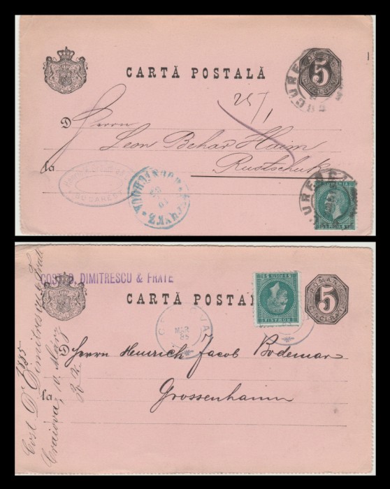 1885 Romania - 2 intreguri circulate cu marci Bucuresti II verde-albastru inchis