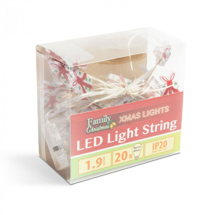 Ghirlanda cu lumini LED, forma de cadou, 2.2 m, 20 LED, 2 x AA, Alb cald