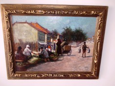 Cornel RATIU(1882-1939)&amp;quot; La piata in Bucurestiul interbelic&amp;quot;,ulei/carton 88x66cm foto