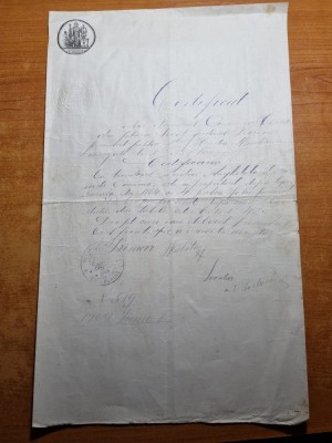 certificat in limba romana - din anul 1909 - timbru sec,timbru fix foto