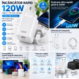 &Icirc;ncărcător Rapid cu Fir 120W, TIP C, Universal 100-240V, Port USB, Suport &Icirc;ncărcare Rapidă