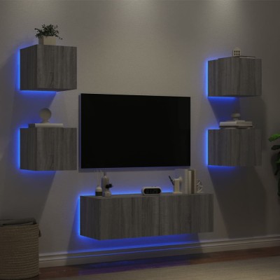 Comode TV de perete cu lumini LED, 5 piese, gri sonoma foto