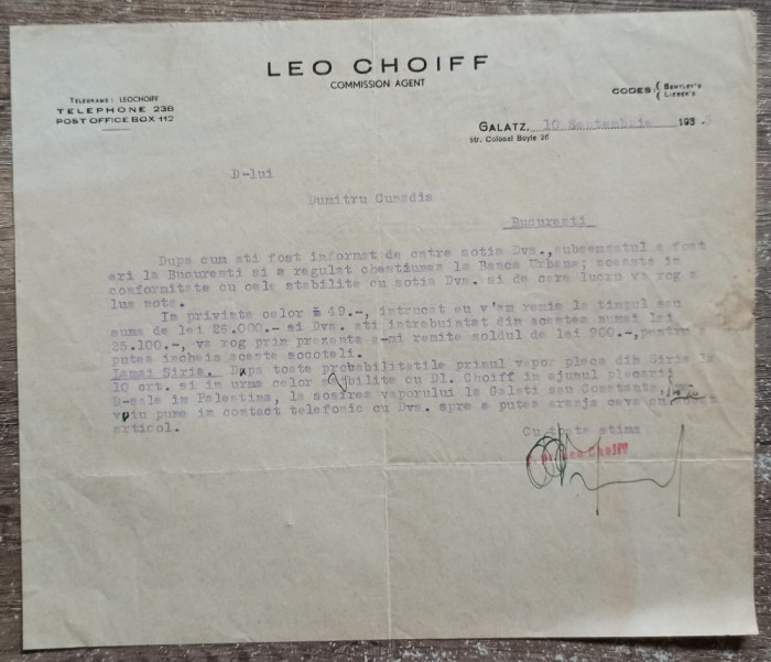 Scrisoare privind contract comercial, Leo Choiff Comission Agent Galatz 1935