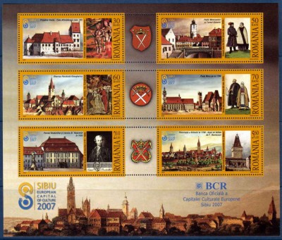 RO 2007 LP 1769 b &amp;quot;Sibiu - Capitala culturala Eu.2007&amp;quot; -bl. de 6, colita 400 MNH foto