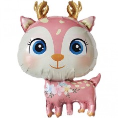 Balon din folie metalizata, flippy, mini figurine, model cerb, tematica aniversare, 49x74.5 cm, ambalaj individual, pai inclus, umflare cu aer sau hel