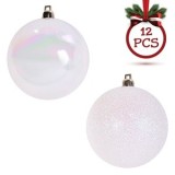 Set 12 Globuri Craciun Albe cu Glitter, 7 cm, Plastic, CMCLASS