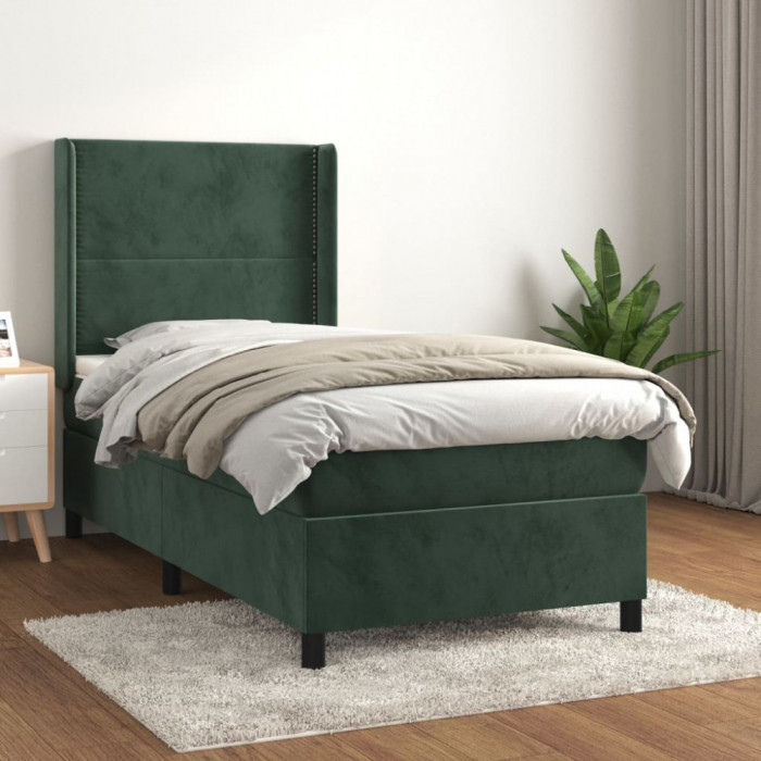 vidaXL Pat box spring cu saltea, verde &icirc;nchis, 100x200 cm, catifea