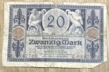 BNKSTR03DE Bancnotă Veche Germania 20 Mark 1915 (Reichsbanknote), Primul Război Mondial, Detaliu Statui, Colecție / Numismatică