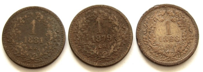 q594 UNGARIA set de trei monede 1 KRAJCZAR 1868 1879 1881 KB FRUMOASE