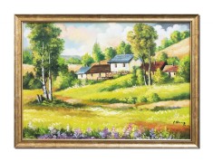 Tablou peisaj din natura pictat manual inramat, Oaza de liniste, 75x55cm ulei pe panza, rama din lemn