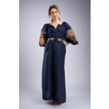 Rochie lunga bleumarin cu maneci brodate cu model traditional CLAIRE, M