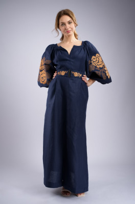 Rochie lunga bleumarin cu maneci brodate cu model traditional CLAIRE, M foto