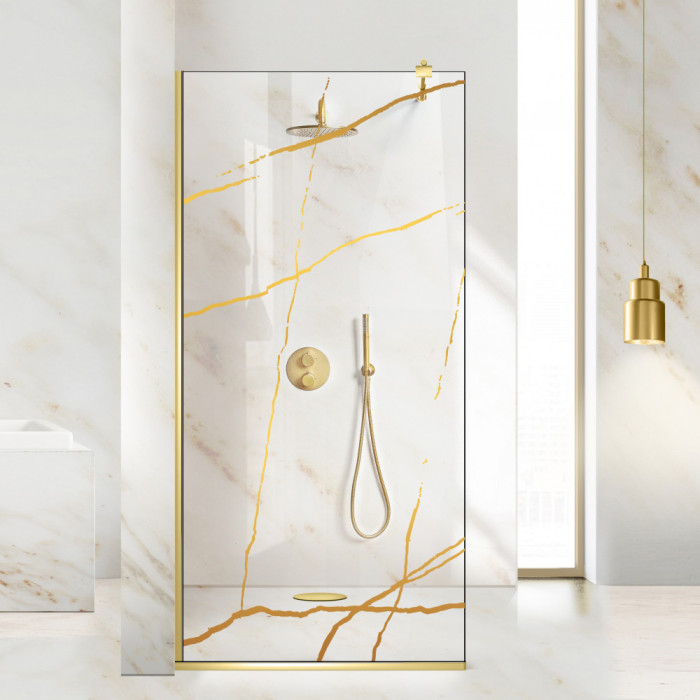 Paravan dus walk-in Aqua Roy Gold, model Marble auriu, sticla 8 mm clara, securizata, anticalcar, 120x195 cm
