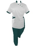 Costum Medical Pe Stil, Alb cu Elastan cu Garnitură turcoaz inchis si pantaloni turcoaz inchis, Model Andreea - 2XL, 4XL
