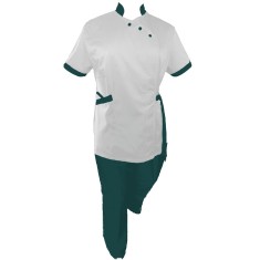 Costum Medical Pe Stil, Alb cu Elastan cu Garnitură turcoaz inchis si pantaloni turcoaz inchis, Model Andreea - 4XL, M