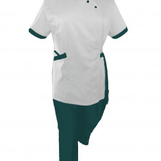 Costum Medical Pe Stil, Alb cu Elastan cu Garnitură turcoaz inchis si pantaloni turcoaz inchis, Model Andreea - 2XL, 4XL