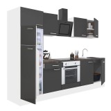 Mobilă de bucătărie Leziter Yorki 270cm modulară, albă cu fronturi gri, blat HPL 38mm, include cuptor inferior și frigider superior