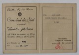 LEGITIMATIE CARE ATESTA CONFERIREA MEDALIEI JUBILIARE &#039; A XX -A ANIVERSARE A ZILEI FORTELOR ARMATE ALE R.P.R. &#039; , 1964