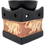 Lampa aromaterapie elefant cu trompa in sus, vas uleiuri esentiale si lumanari, gama profesionala HEM ceramica negru si crem, 8 cm