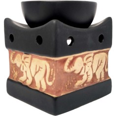 Lampa aromaterapie elefant cu trompa in sus, vas uleiuri esentiale si lumanari, gama profesionala HEM ceramica negru si crem, 8 cm