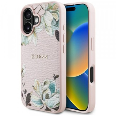 Husa MagSafe pentru Apple iPhone 16, Guess, Grained Flowers, Roz foto