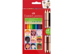 Creioane colorate triunghiulare si bicolore piele Children of the World Faber-Castell 12 + 3 culori/set